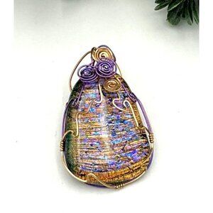Handcrafted Iridescent Wire Wrapped Pendant With Purple & Gold Accents